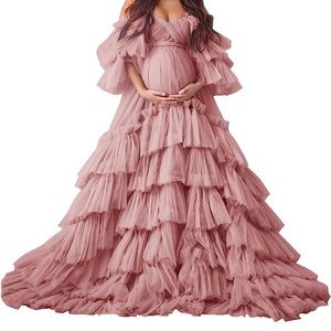 Dusty Rose Puffy Tulle Robe Maternity Dress for Photoshoot - Womens US Size: 6-8